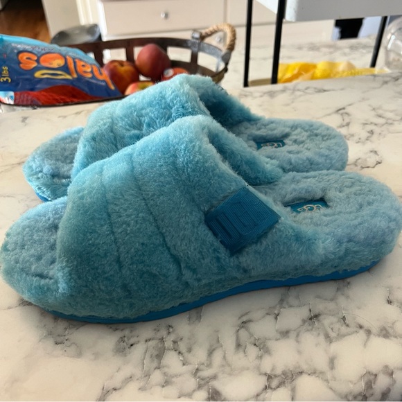 UGG FLUFF YOU Men’s Slipper Sandals 9 Blue Sheepskin Fur - Picture 8 of 14